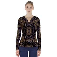 Pattern Seamless Gold 3d Abstraction Ornate V-neck Long Sleeve Top by Ravend