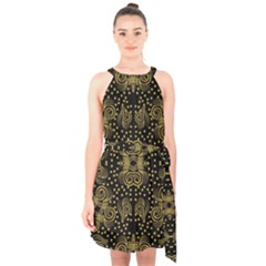 Pattern Seamless Gold 3d Abstraction Ornate Halter Collar Waist Tie Chiffon Dress by Ravend