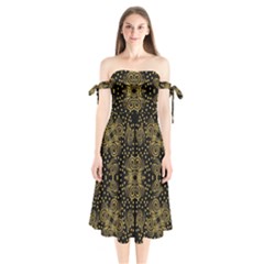 Pattern Seamless Gold 3d Abstraction Ornate Shoulder Tie Bardot Midi Dress by Ravend