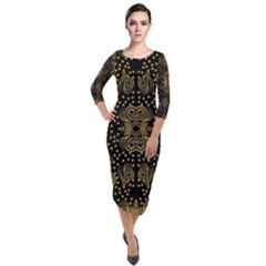 Pattern Seamless Gold 3d Abstraction Ornate Quarter Sleeve Midi Velour Bodycon Dress by Ravend