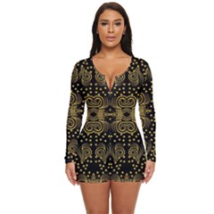 Pattern Seamless Gold 3d Abstraction Ornate Long Sleeve Boyleg Swimsuit by Ravend