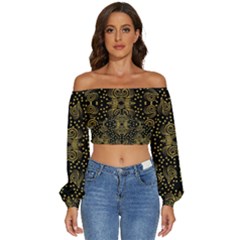 Pattern Seamless Gold 3d Abstraction Ornate Long Sleeve Crinkled Weave Crop Top by Ravend