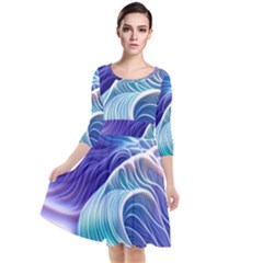 Majestic Ocean Waves Quarter Sleeve Waist Band Dress by GardenOfOphir