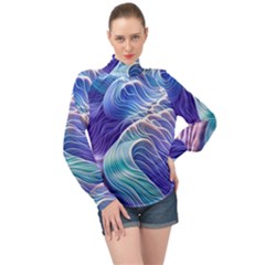 Majestic Ocean Waves High Neck Long Sleeve Chiffon Top by GardenOfOphir