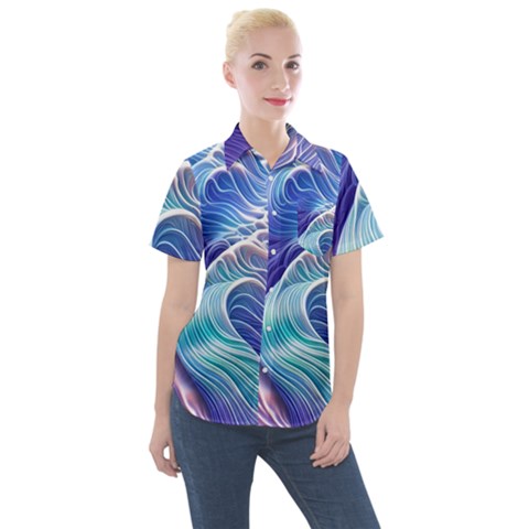 Majestic Ocean Waves Women s Short Sleeve Pocket Shirt by GardenOfOphir