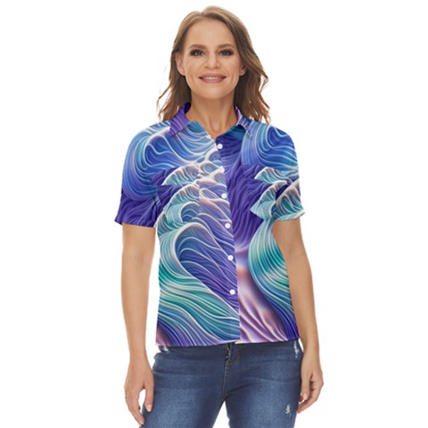 Majestic Ocean Waves Women s Short Sleeve Double Pocket Shirt by GardenOfOphir