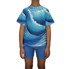 Simple Summer Wave Pattern Kids  Short Sleeve Swimwear by GardenOfOphir