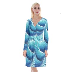 Simple Summer Wave Pattern Long Sleeve Velvet Front Wrap Dress by GardenOfOphir