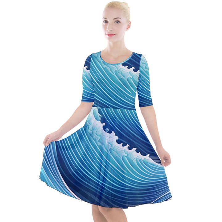 Simple Summer Wave Pattern Quarter Sleeve A-Line Dress