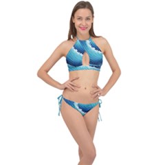 Simple Summer Wave Pattern Cross Front Halter Bikini Set by GardenOfOphir