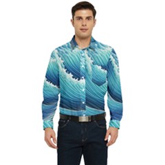 Simple Summer Wave Pattern Men s Long Sleeve Pocket Shirt  by GardenOfOphir