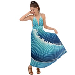 Simple Summer Wave Pattern Backless Maxi Beach Dress by GardenOfOphir