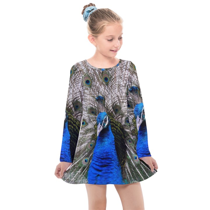 Peacock Bird Animal Feather Nature Colorful Kids  Long Sleeve Dress