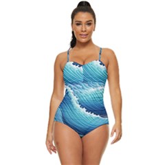 Simple Summer Wave Pattern Retro Full Coverage Swimsuit by GardenOfOphir