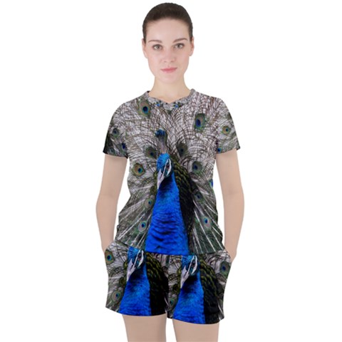 Peacock Bird Animal Feather Nature Colorful Women s Tee And Shorts Set by Ravend