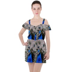 Peacock Bird Animal Feather Nature Colorful Ruffle Cut Out Chiffon Playsuit by Ravend