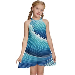 Simple Summer Wave Pattern Kids  Halter Collar Waist Tie Chiffon Dress by GardenOfOphir