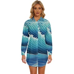 Simple Summer Wave Pattern Womens Long Sleeve Shirt Dress