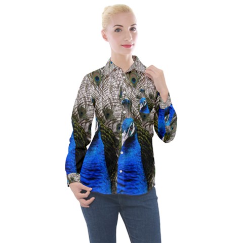 Peacock Bird Animal Feather Nature Colorful Women s Long Sleeve Pocket Shirt by Ravend