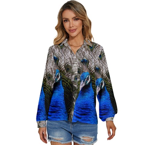 Peacock Bird Animal Feather Nature Colorful Women s Long Sleeve Button Down Shirt by Ravend