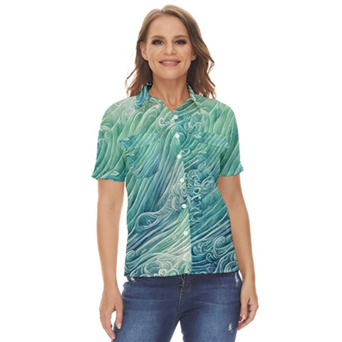 Wave Of The Ocean Women s Short Sleeve Double Pocket Shirt by GardenOfOphir