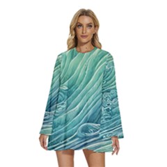 Wave Of The Ocean Round Neck Long Sleeve Bohemian Style Chiffon Mini Dress by GardenOfOphir