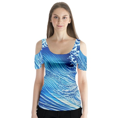 Wave Beach Iii Butterfly Sleeve Cutout Tee  by GardenOfOphir