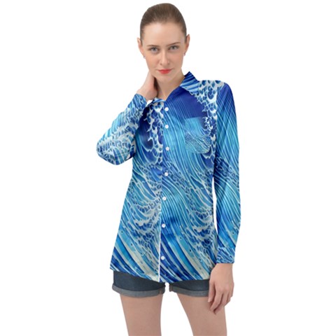 Wave Beach Iii Long Sleeve Satin Shirt by GardenOfOphir