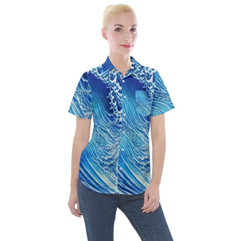 Wave Beach Iii Women s Short Sleeve Pocket Shirt by GardenOfOphir