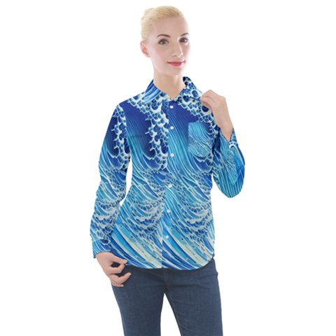 Wave Beach Iii Women s Long Sleeve Pocket Shirt by GardenOfOphir