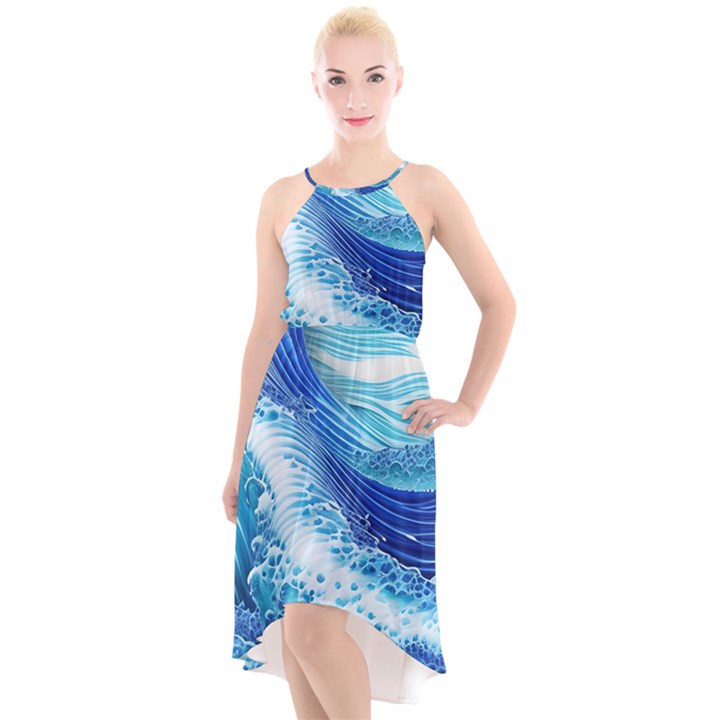 Water Waves High-Low Halter Chiffon Dress 