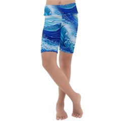 Water Waves Kids  Lightweight Velour Cropped Yoga Leggings by GardenOfOphir