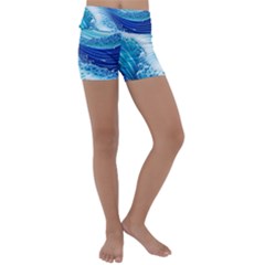 Water Waves Kids  Lightweight Velour Yoga Shorts by GardenOfOphir