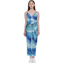 Water Waves V-neck Spaghetti Strap Tie Front Jumpsuit by GardenOfOphir