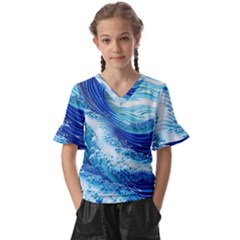 Water Waves Kids  V-neck Horn Sleeve Blouse by GardenOfOphir