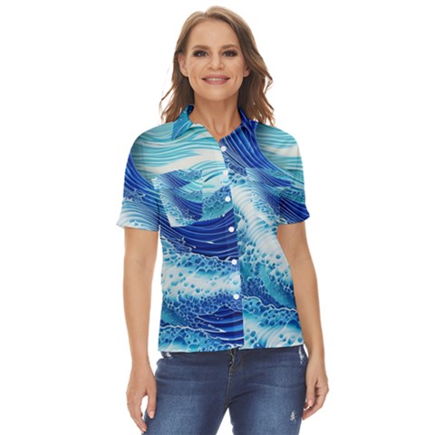 Water Waves Women s Short Sleeve Double Pocket Shirt by GardenOfOphir