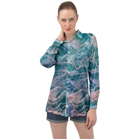 Waves Of The Ocean Ii Long Sleeve Satin Shirt by GardenOfOphir