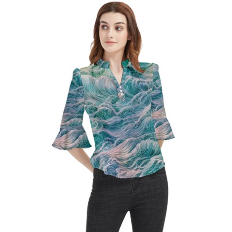 Waves Of The Ocean Ii Loose Horn Sleeve Chiffon Blouse by GardenOfOphir