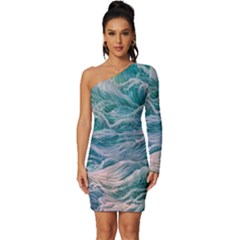 Waves Of The Ocean Ii Long Sleeve One Shoulder Mini Dress by GardenOfOphir