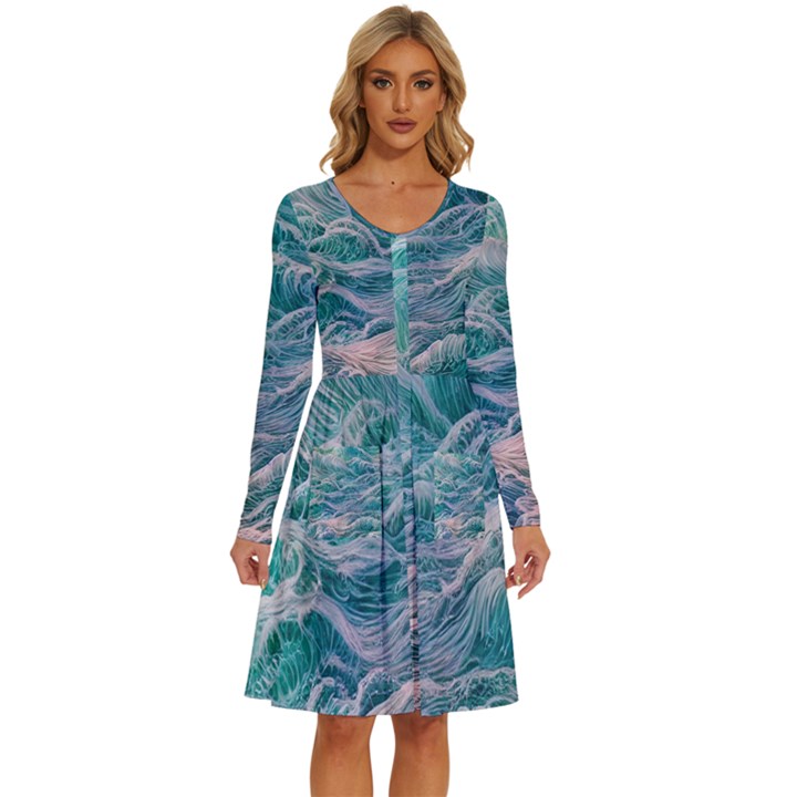 Waves Of The Ocean Ii Long Sleeve Dress With Pocket