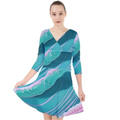 Pink Ocean Waves Quarter Sleeve Front Wrap Dress by GardenOfOphir