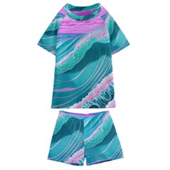 Pink Ocean Waves Kids  Swim Tee And Shorts Set by GardenOfOphir