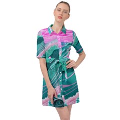 Pink Ocean Waves Belted Shirt Dress by GardenOfOphir