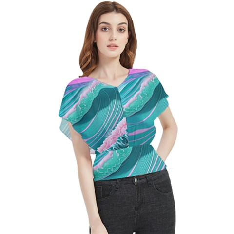 Pink Ocean Waves Butterfly Chiffon Blouse by GardenOfOphir