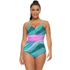 Pink Ocean Waves Retro Full Coverage Swimsuit by GardenOfOphir