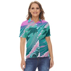 Pink Ocean Waves Women s Short Sleeve Double Pocket Shirt