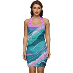 Pink Ocean Waves Sleeveless Wide Square Neckline Ruched Bodycon Dress by GardenOfOphir