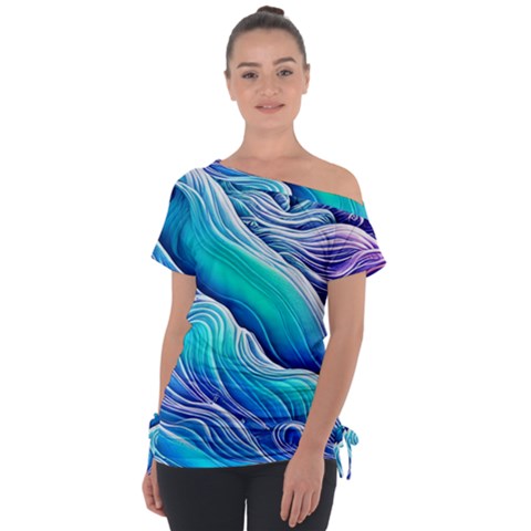 Ocean Waves In Pastel Tones Off Shoulder Tie-up Tee by GardenOfOphir