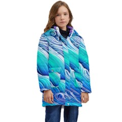 Ocean Waves In Pastel Tones Kid s Hooded Longline Puffer Jacket by GardenOfOphir