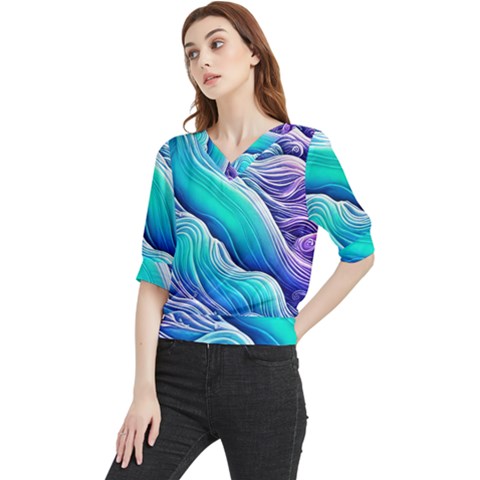 Ocean Waves In Pastel Tones Quarter Sleeve Blouse by GardenOfOphir